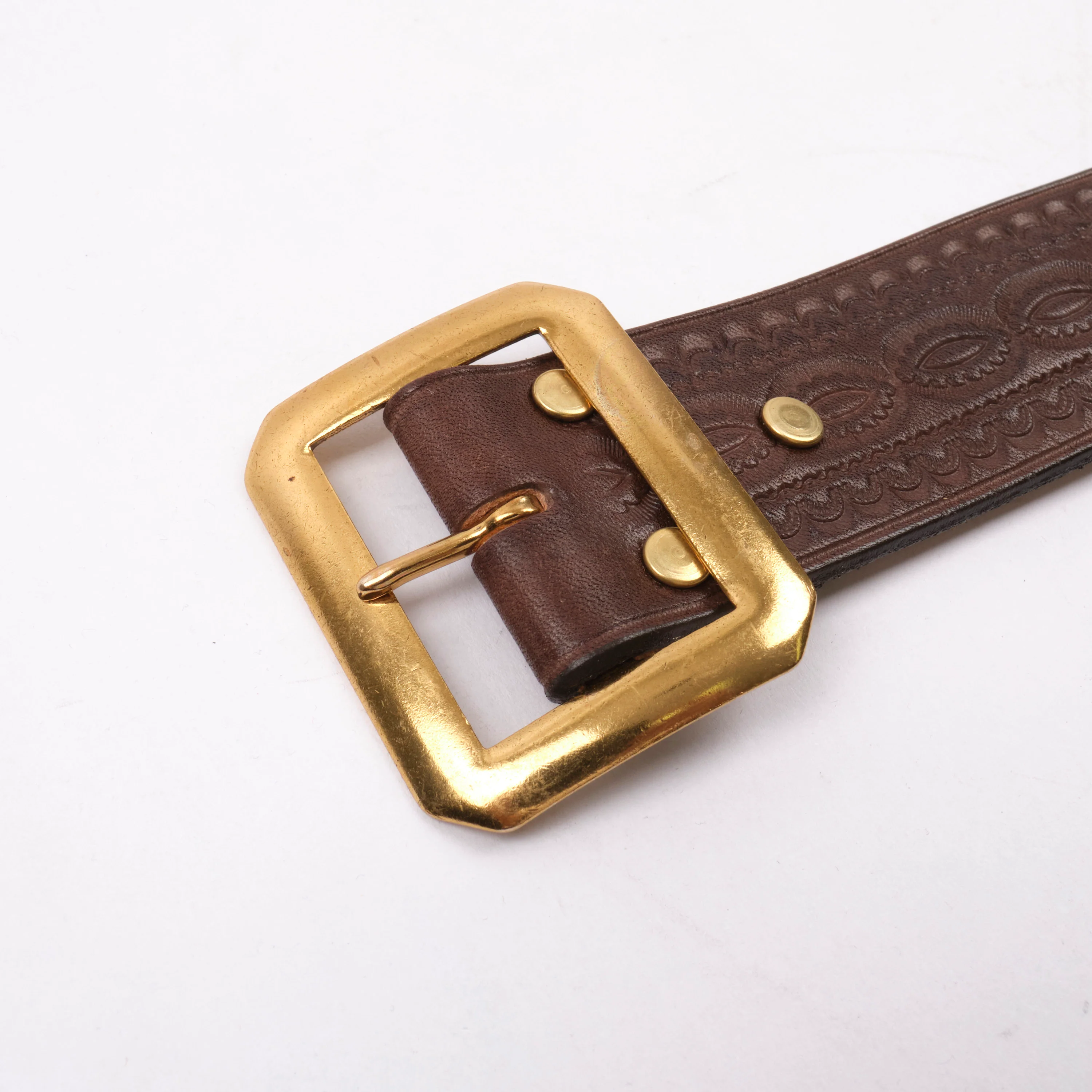 Codina Leather - NOS Vintage Brass Buckle Embossed Belt Brown - Image 3