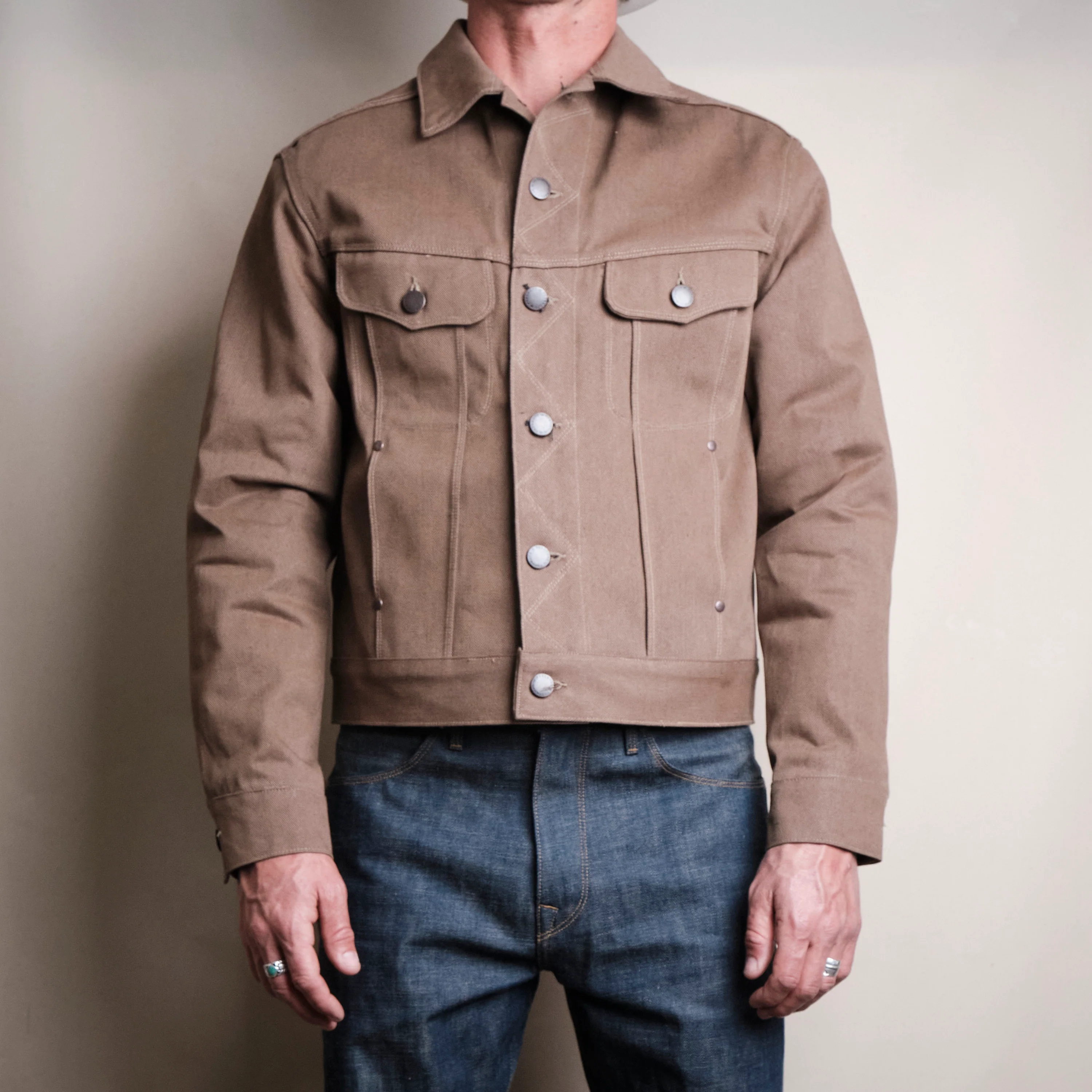 High Low 15 Ounce Brown Denim Jacket - Image 2