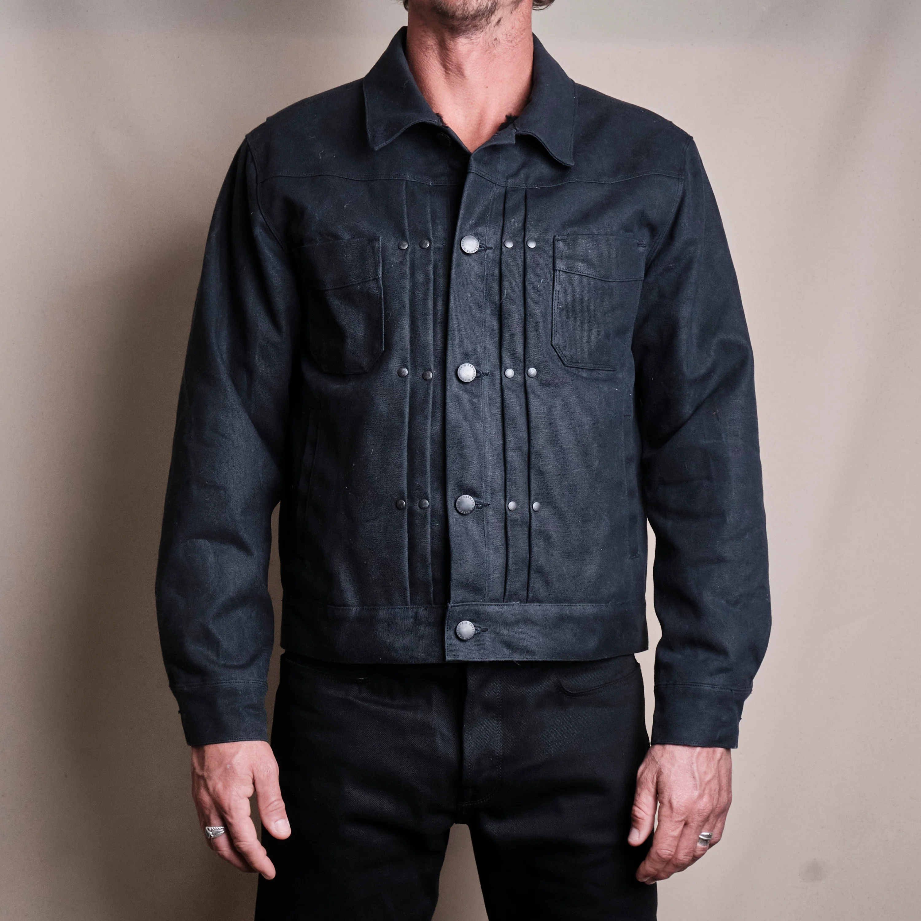 Riders Jacket Heavy Waxed Canvas Black Alpaca - Image 2