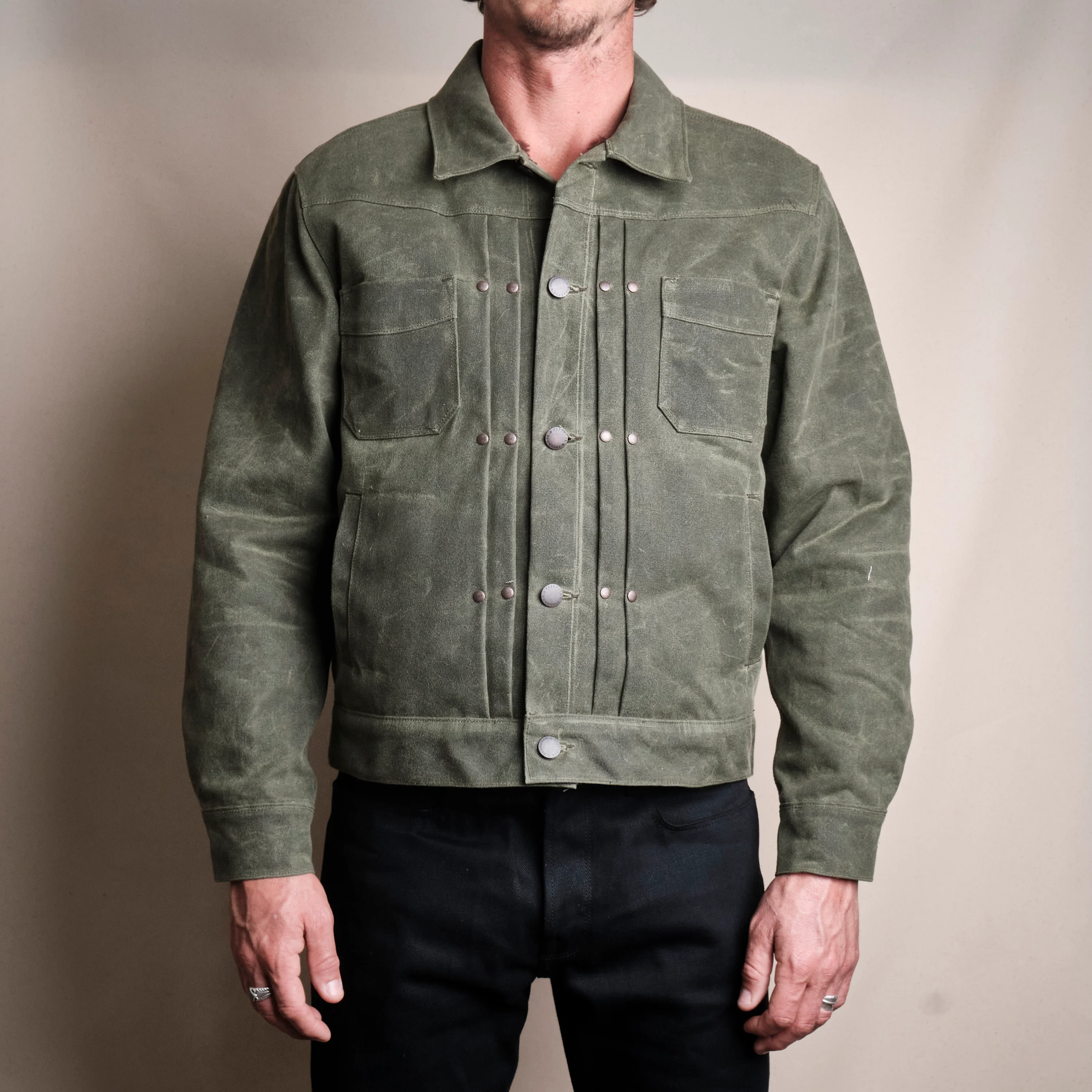 Riders Jacket Heavy Waxed Canvas Olive Alpaca - Image 2